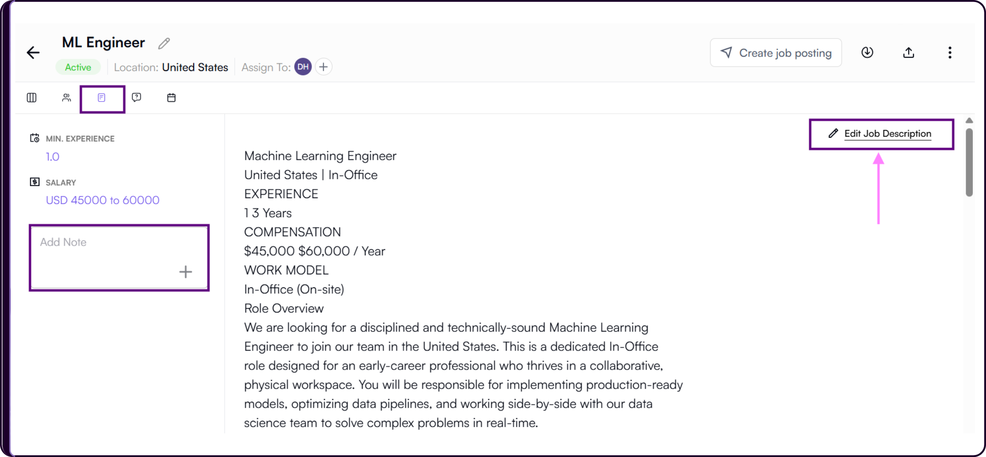 Job detail page showing the View JD tab for accessing and editing the job description