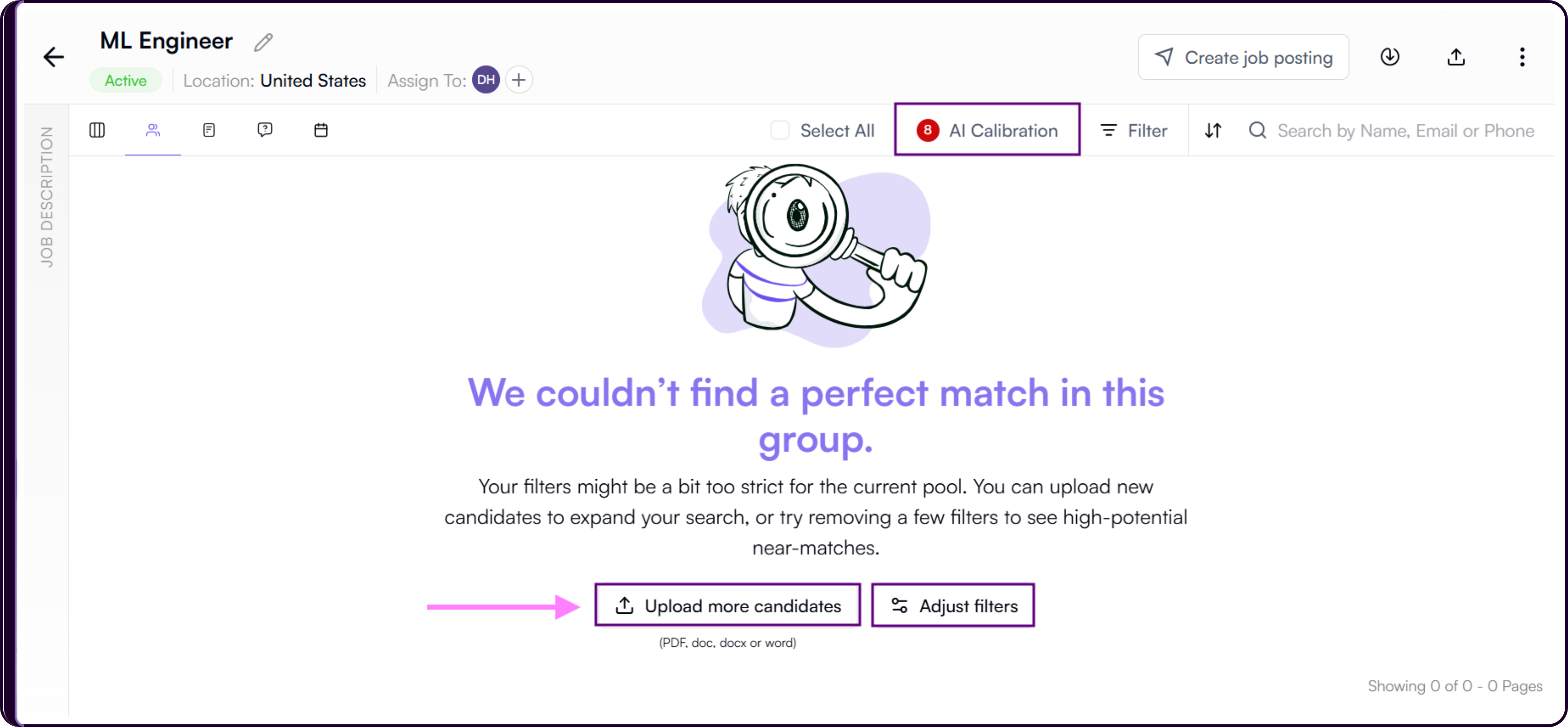 View Candidates page showing empty state prompting to upload candidates for screening
