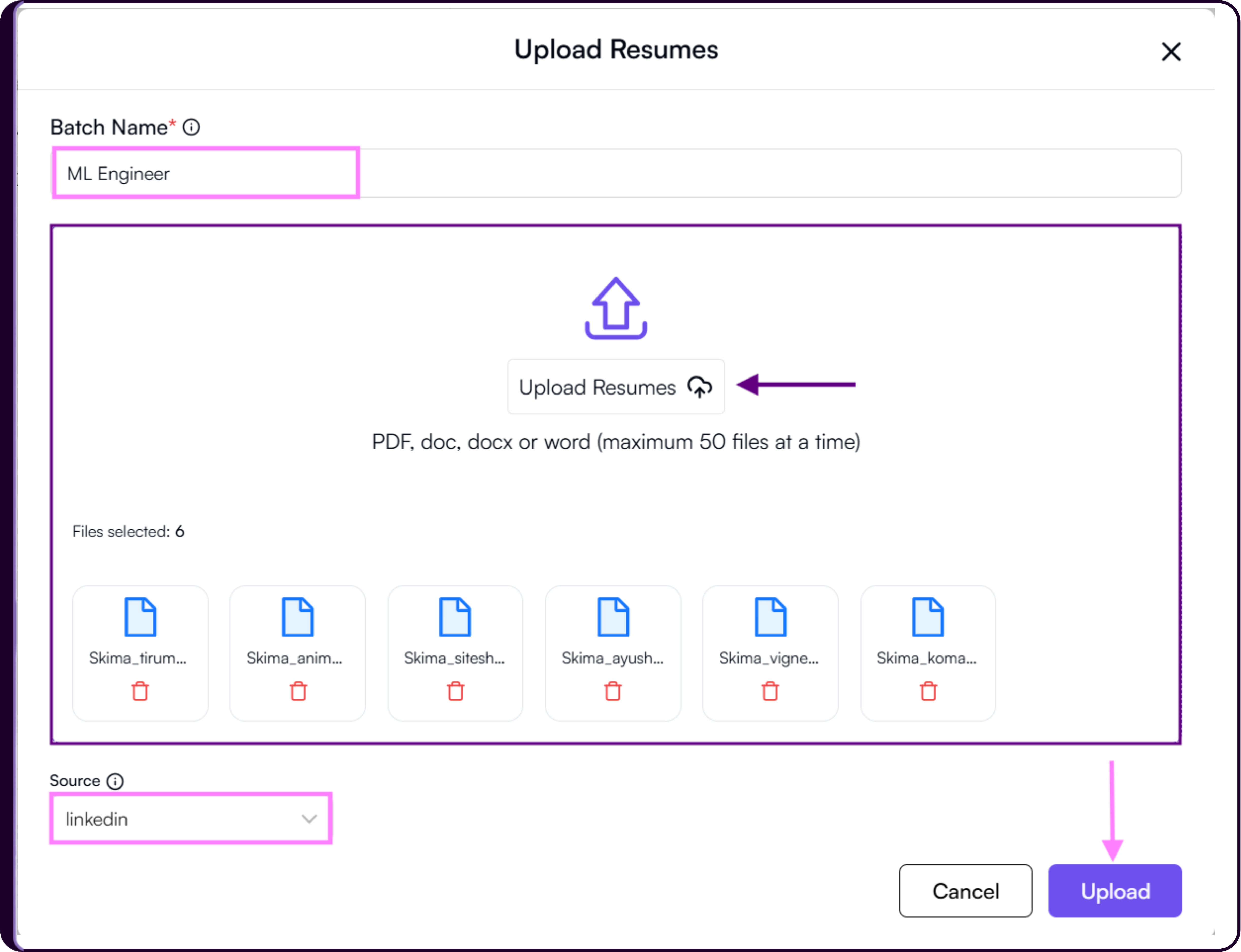 Upload Resumes modal showing batch name field and file selection for PDF, DOC, DOCX formats with 50 file limit