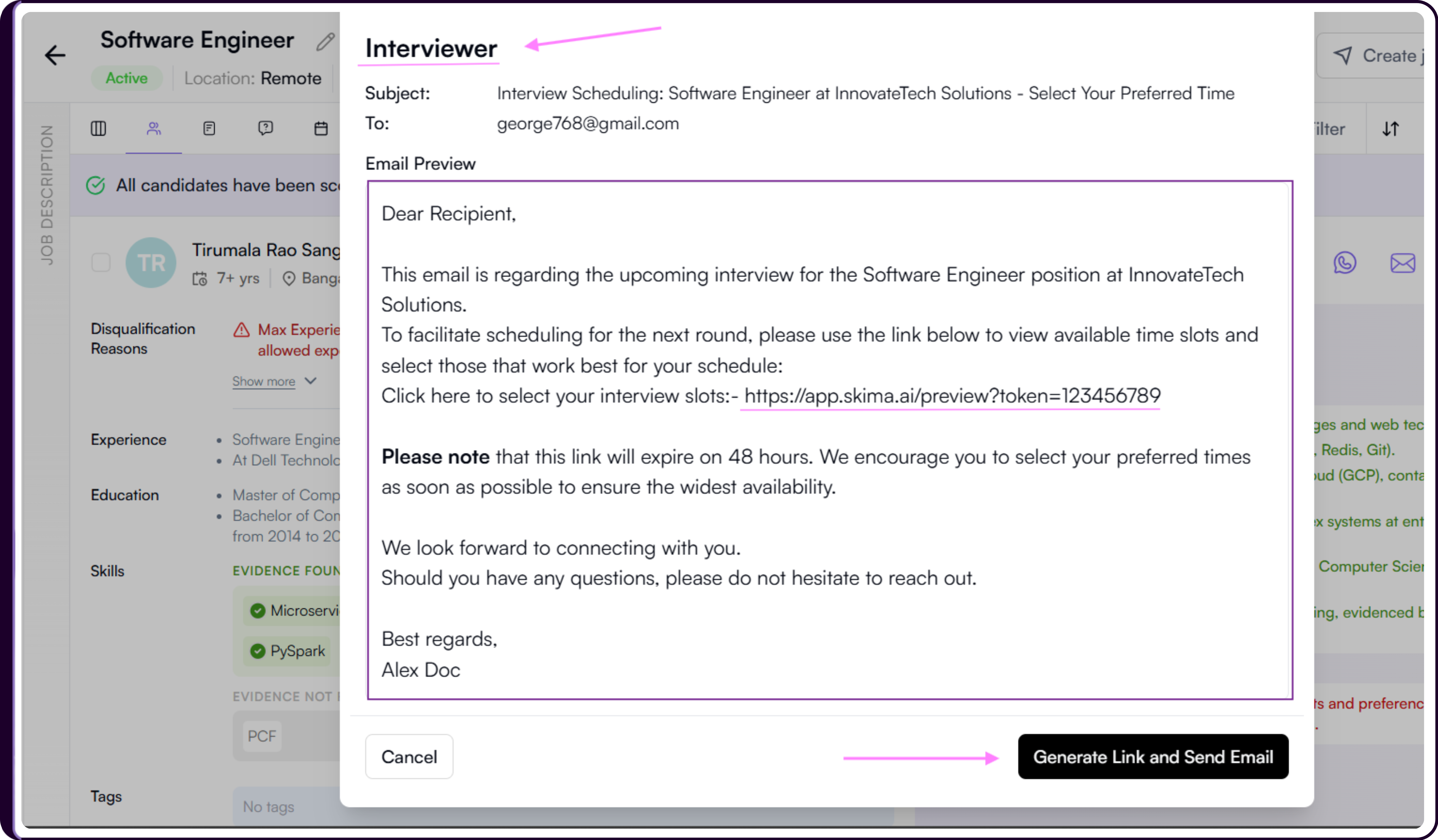 Request Interview Availability Preview tab showing the interviewer email with subject, recipient address, and availability confirmation link