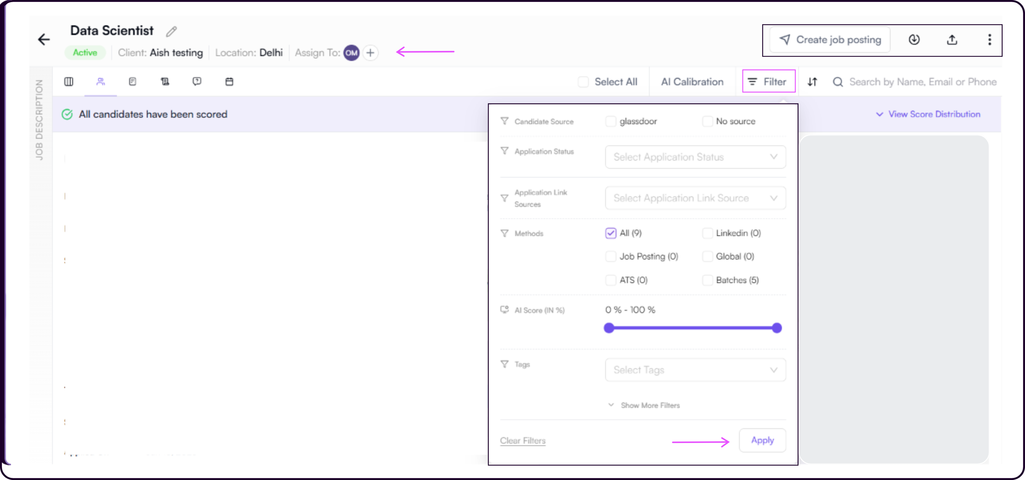 Candidate filter panel showing filter options for Candidate Source, Application Status, AI Score, Tags, Experience, Location, Education, Screening Questions, and Custom Fields