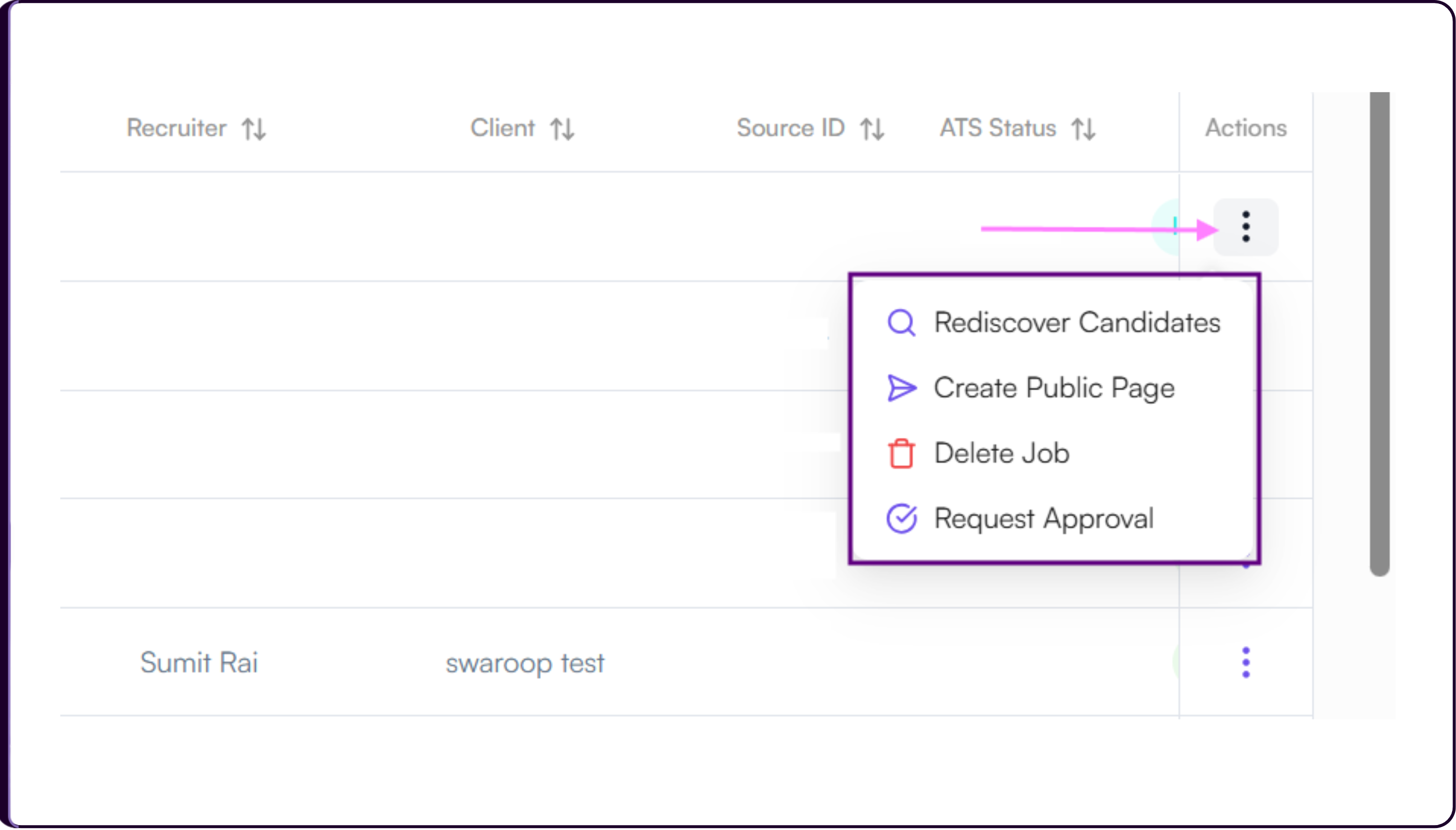 Jobs list showing the three-dots Actions menu on a job row with options including Rediscover Candidates, Create Public Page, Delete Job, and Request Approval