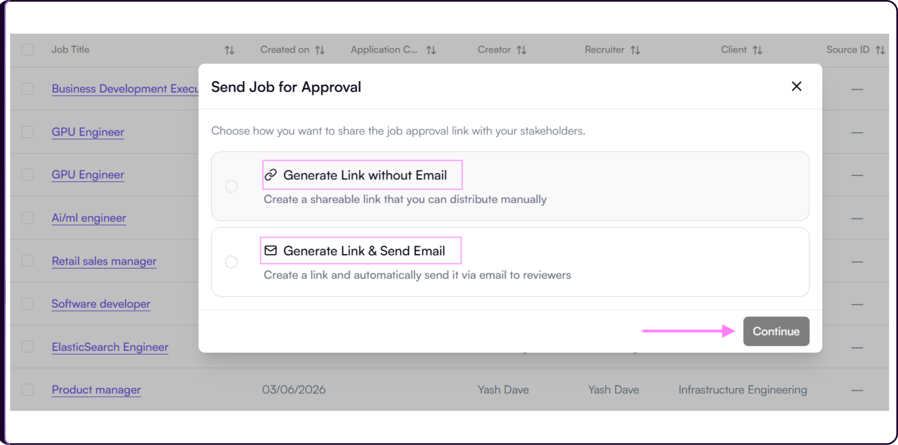 Request Approval modal showing options to send the Job Description to hiring managers via email or a shareable magic link