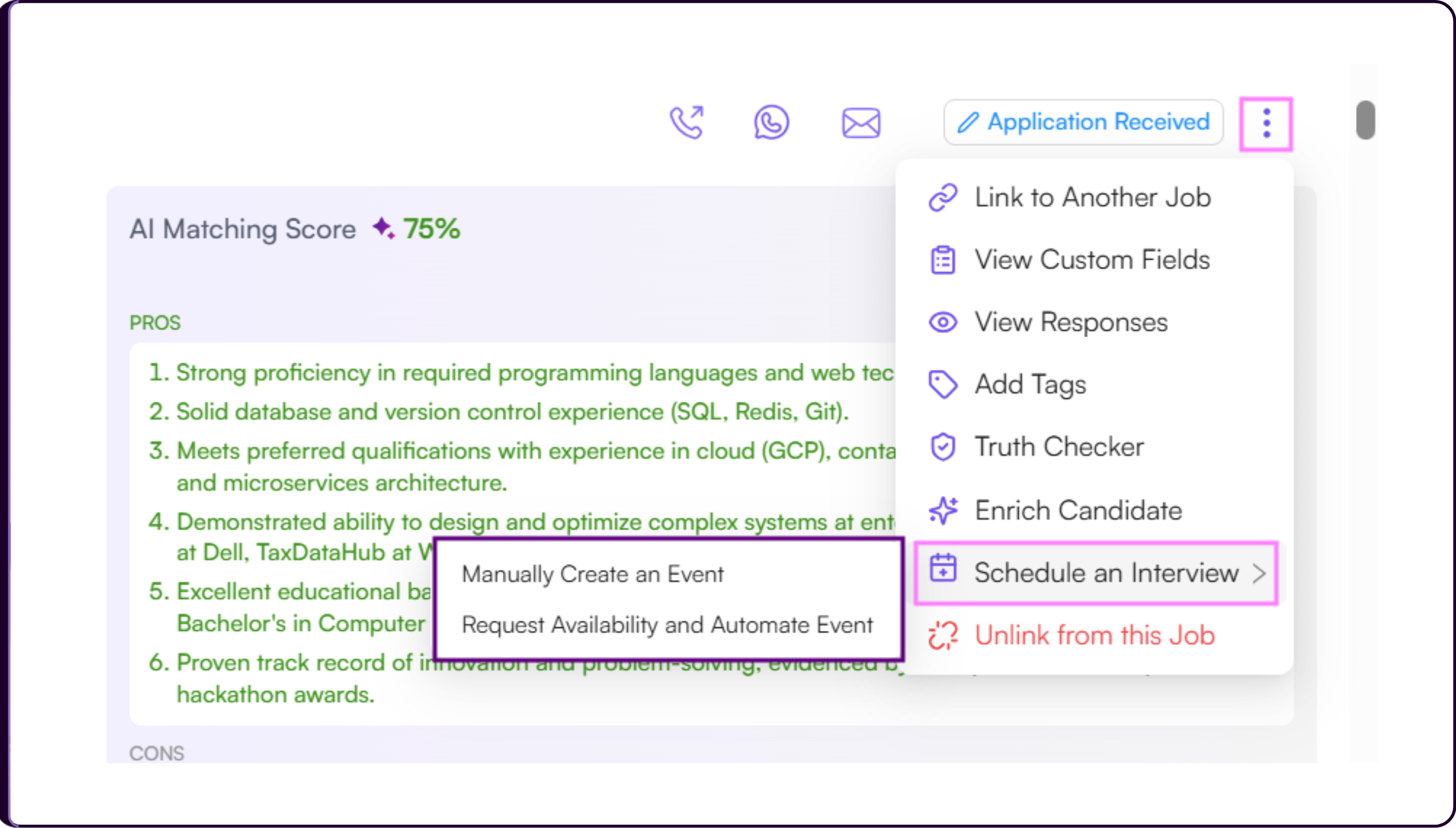 Schedule an Interview modal showing Manually Create an Event and Request Availability and Automate Event options