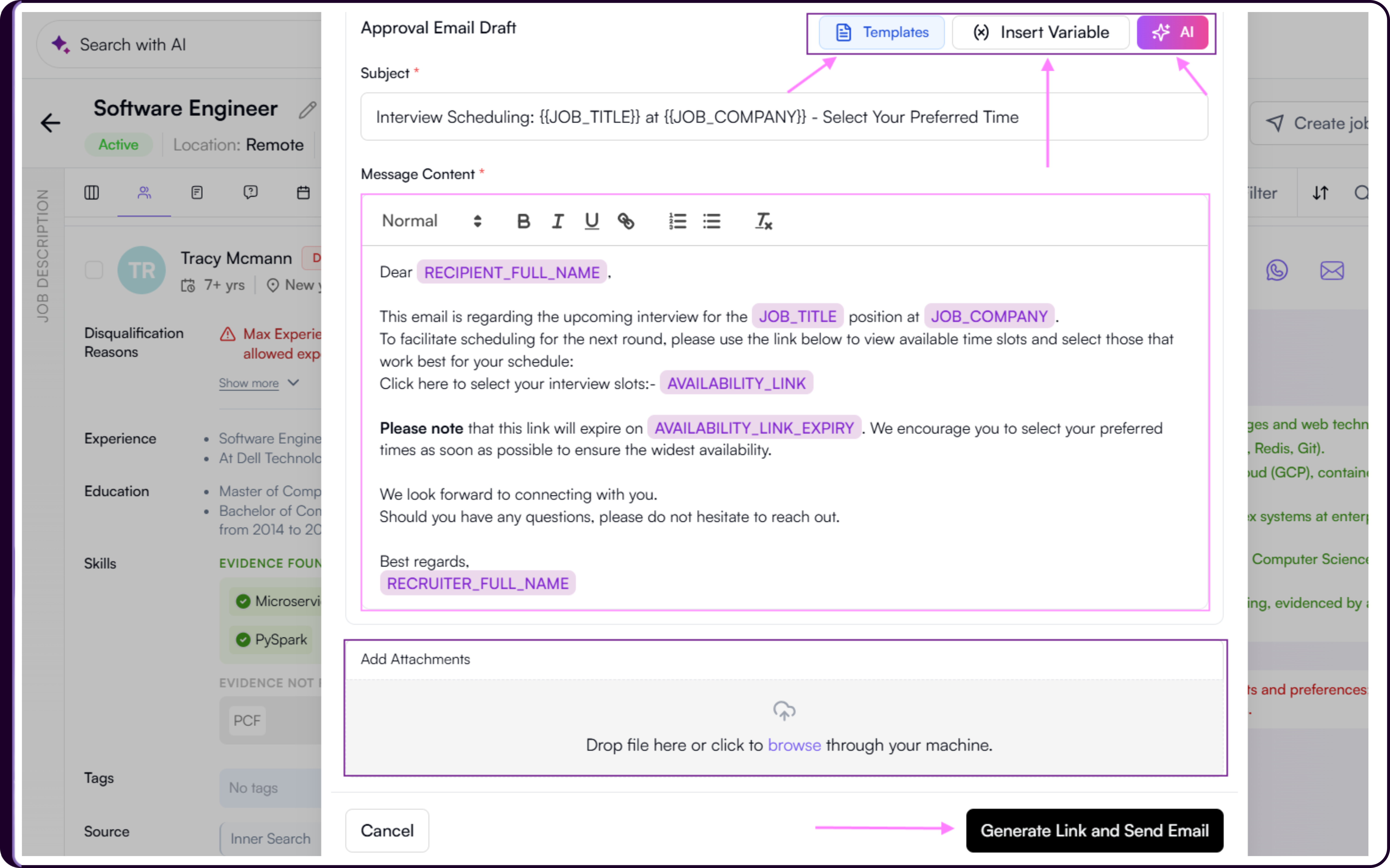 Approval Email Draft section showing subject and message content fields with Templates, Insert Variable, and AI generation options