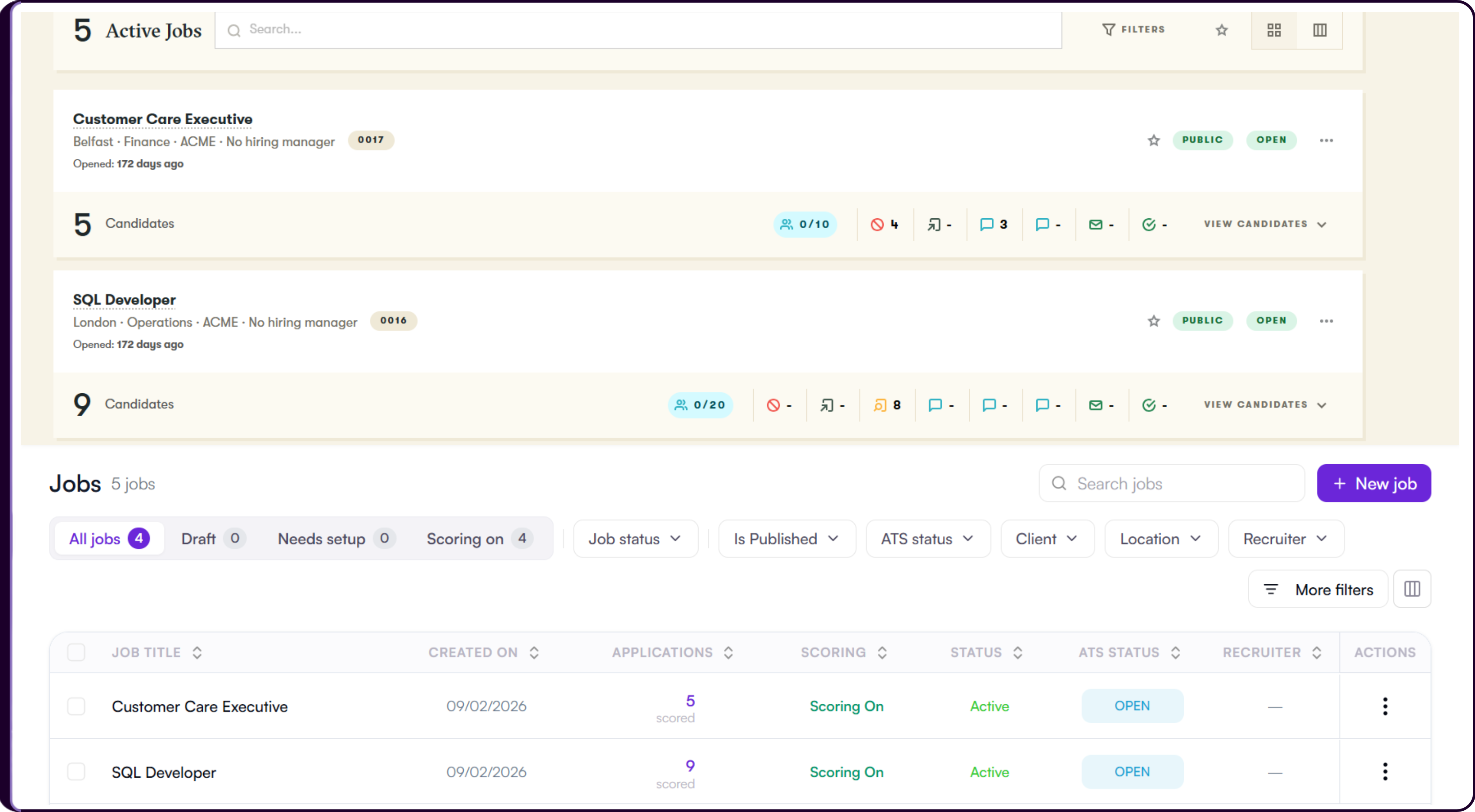 Skima AI Jobs page showing imported Pinpoint jobs including Customer Care Executive and SQL Developer with candidate counts and scoring status