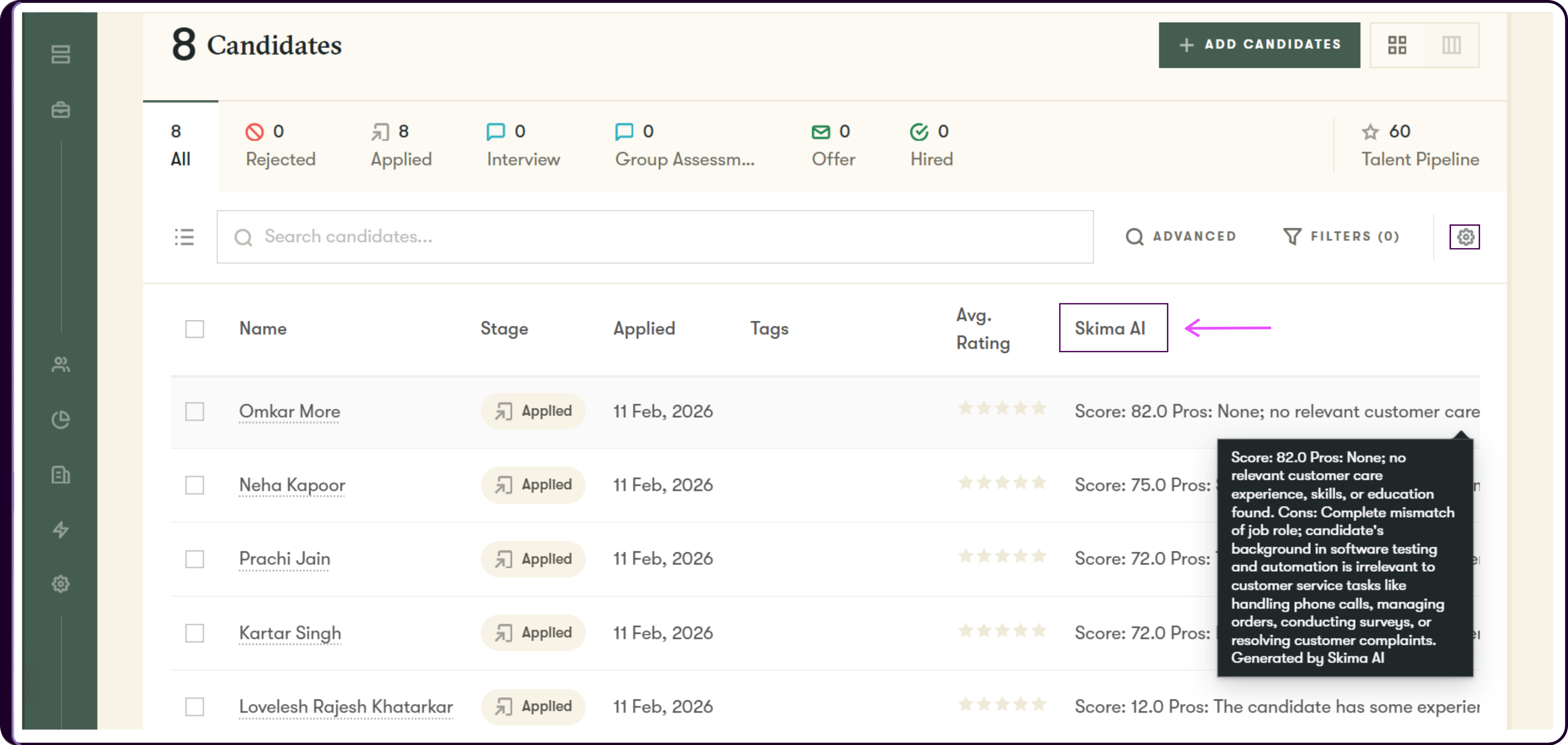 Pinpoint candidate list showing the Skima AI custom field column with AI match scores, pros, and cons written back for each candidate application
