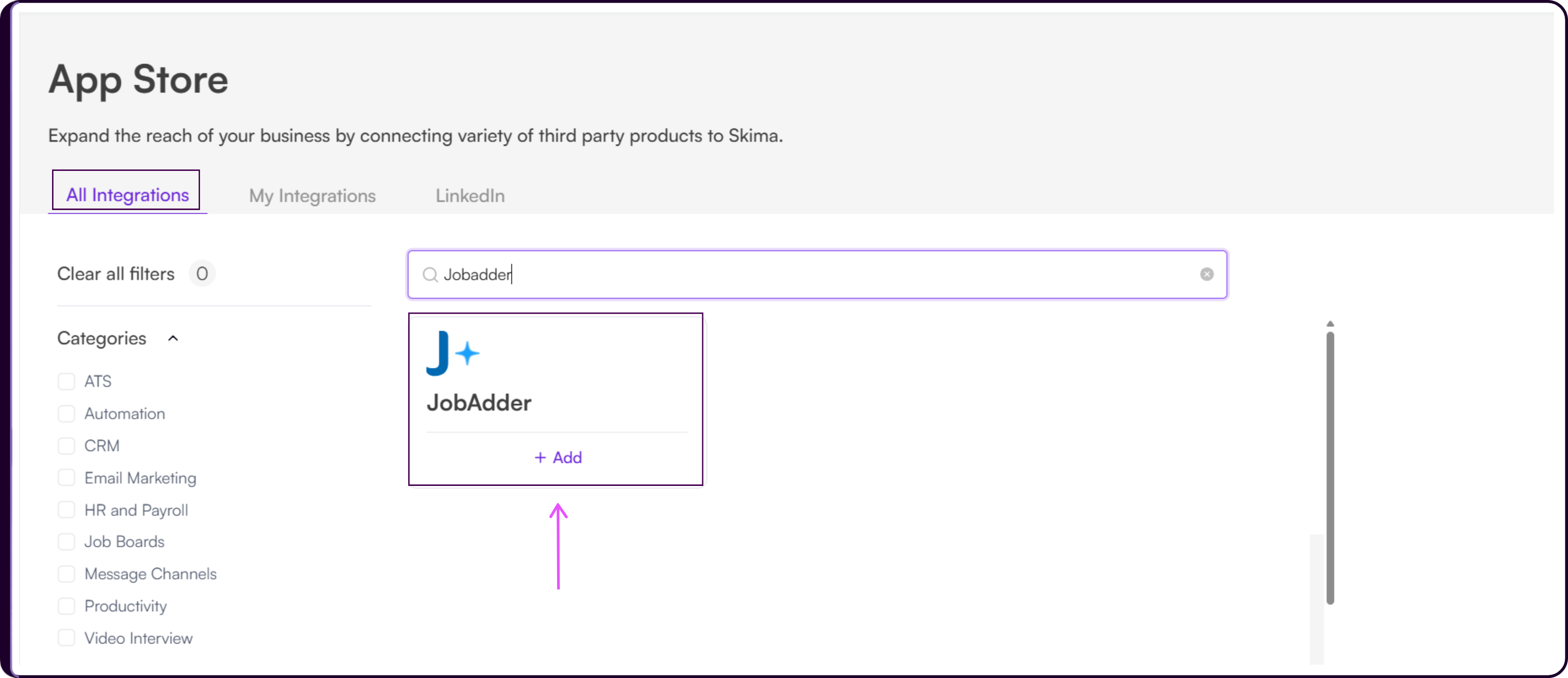 JobAdder integration card with + Add button in Skima AI App Store