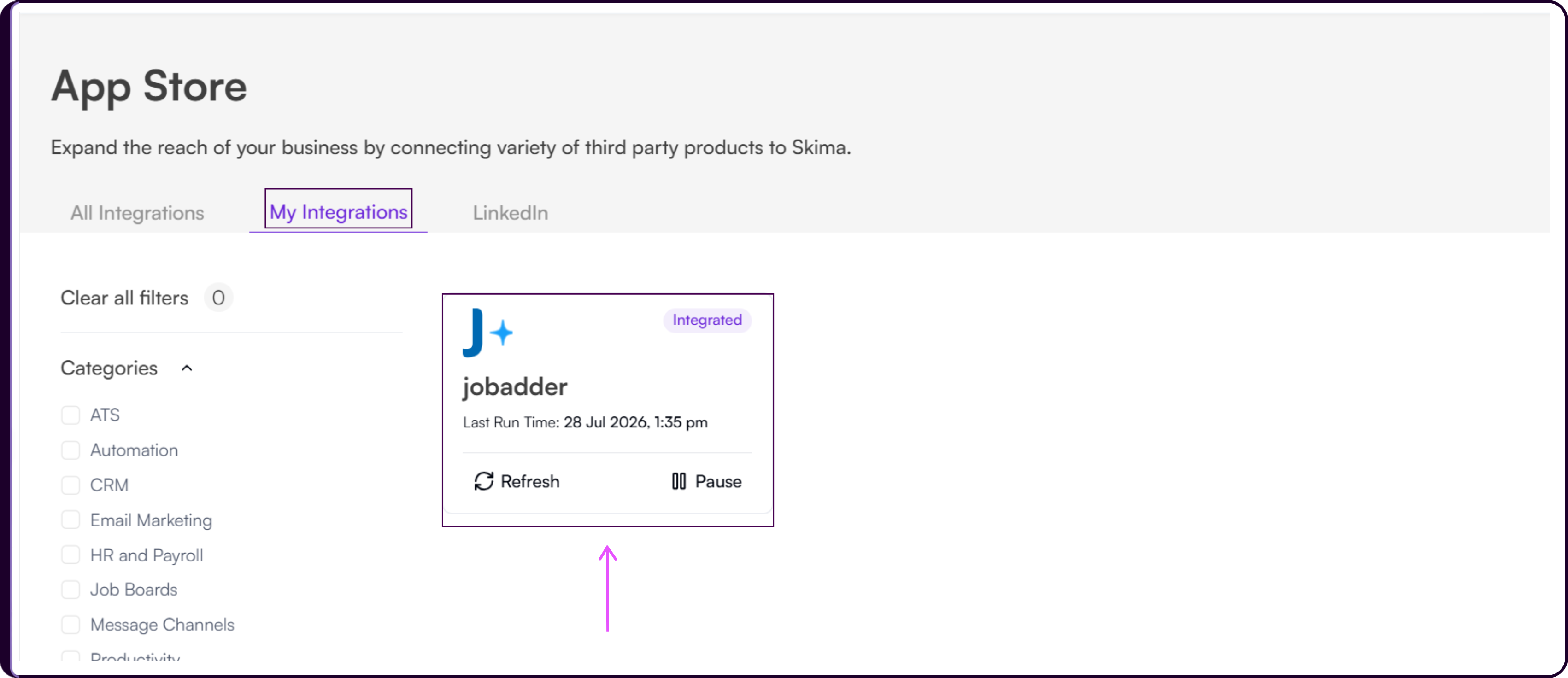 JobAdder integration status card in Skima AI showing connected sync overview